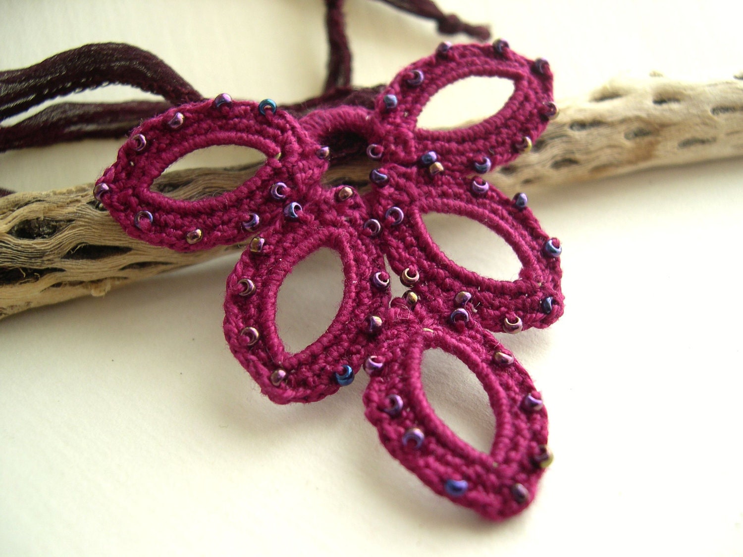 Boho Chic Fuchsia Charm Necklace - Graduation Gift - Silk Ribbon - Pink Crochet Pendant - Bridesmaid Necklace