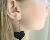 Black Dangle Heart Crochet Earrings - Girlfriend gift idea - Best valentines day present - Gift for her - Lacy Trends 2013 - Statement - MaryKCreation