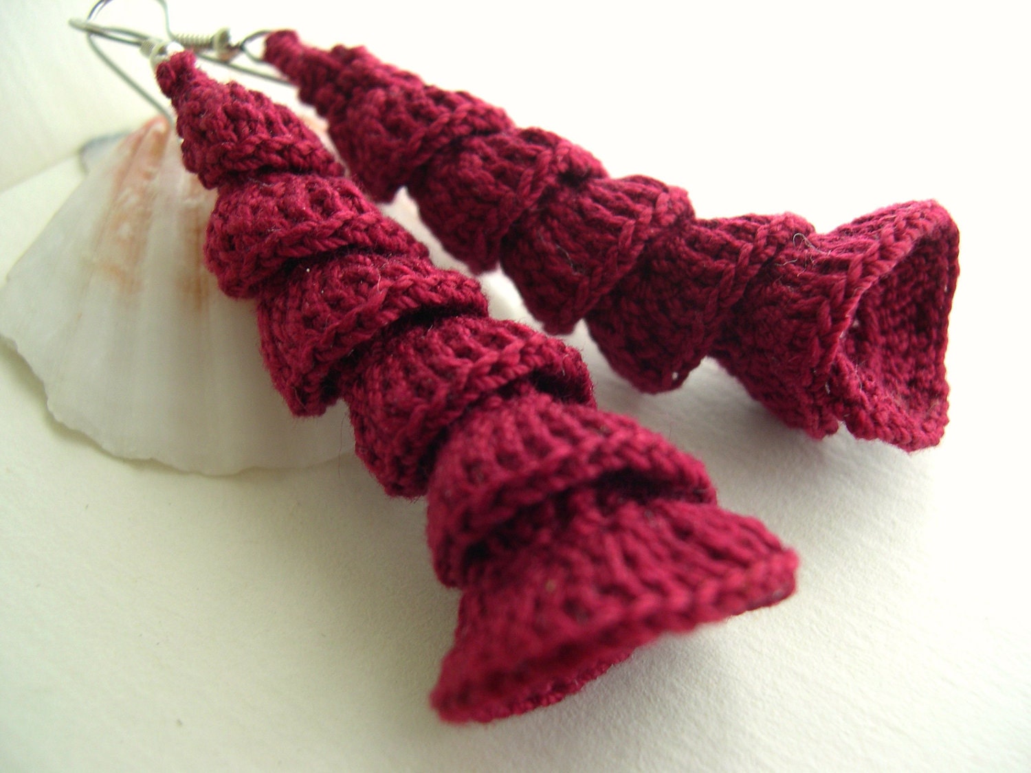 Long Dark Red Spiral Earrings - Burgundi Dangle Earrings - Lace Fashion - Unique girlfriend gift - Crochet Handmade Cotton - Fancy Earrings