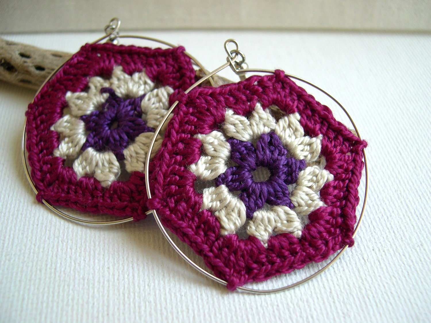 Retro Fashion Fuchsia Beige Purple Earrings - Crochet Earrings - Lace Earrings - Summer Collection 2013 - Girlfriend gift idea