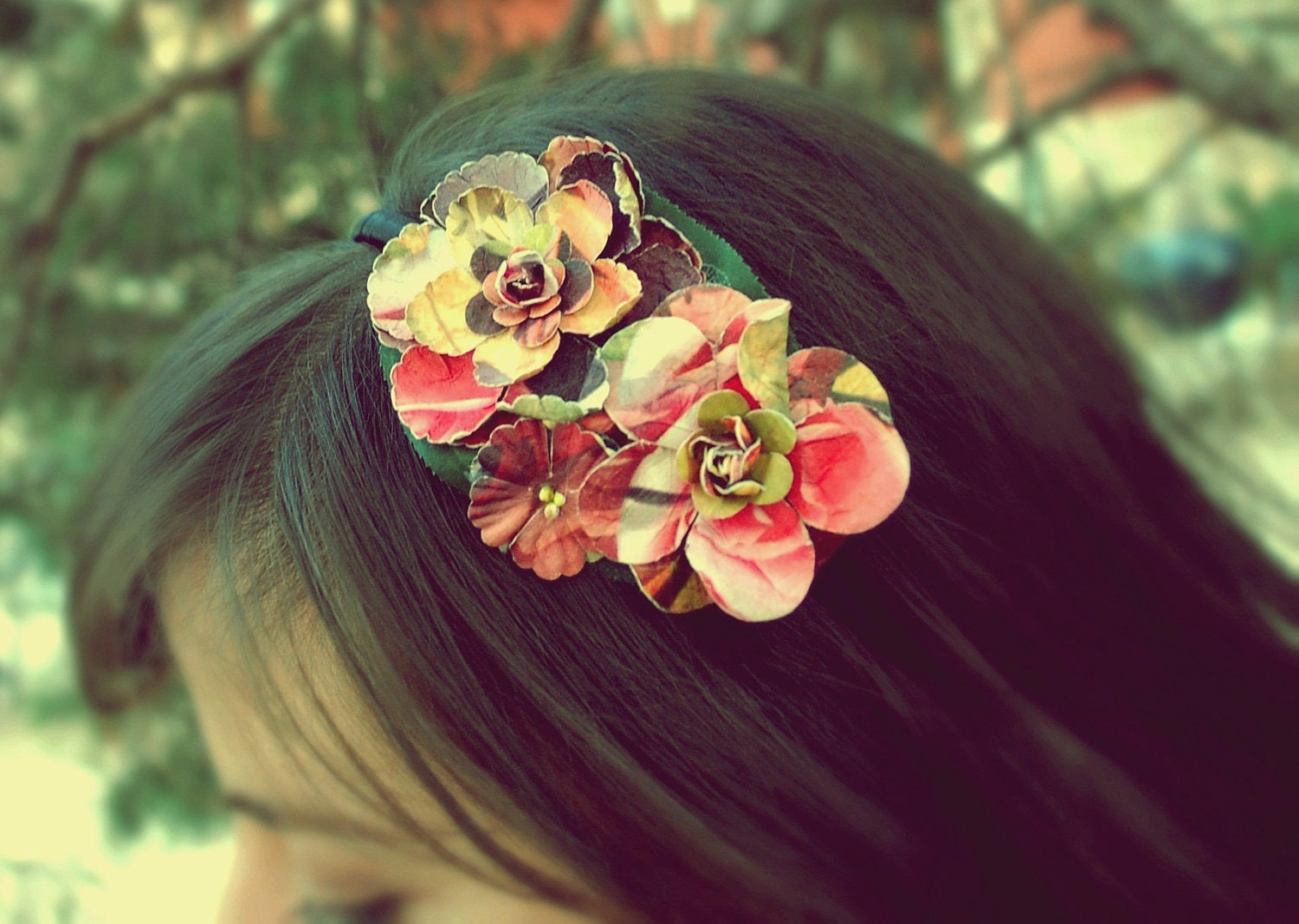 yellow, green, and pink flower headband for women, teen and adult: cecille