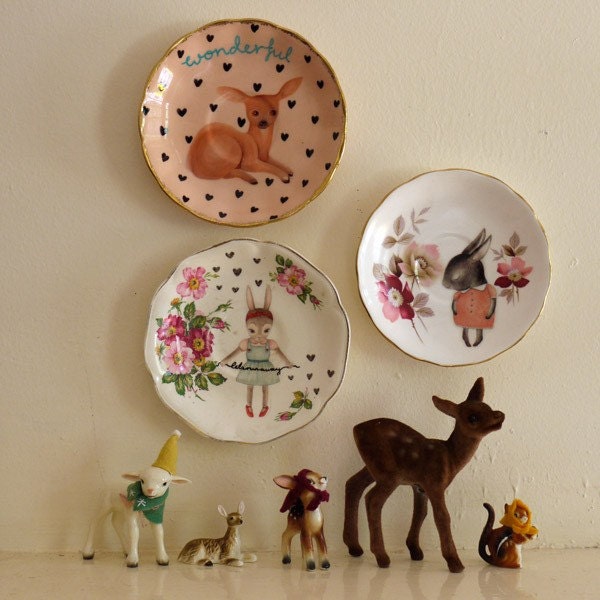 Lets Run Away Bow Haired Bunny Vintage Illustrated Plate