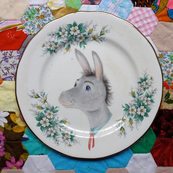 Mr Donkey Cameo on Mint Floral Vintage Illustrated Plate