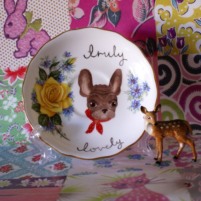 Truly Lovely Bandana Bulldog with Roses Vintage Illustrated Plate