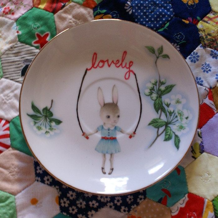 Lovely Skipping Bunny with Floral Vintage Illustrated Plate