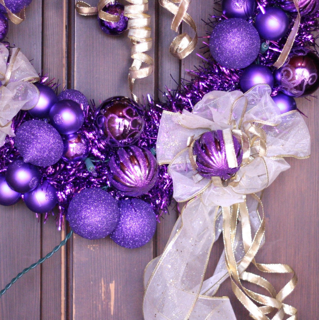 Purple and Gold Christmas Wreath with White Lights - Holiday Wreath - Handmade - Ready to Ship - USA FREE SHIPPING