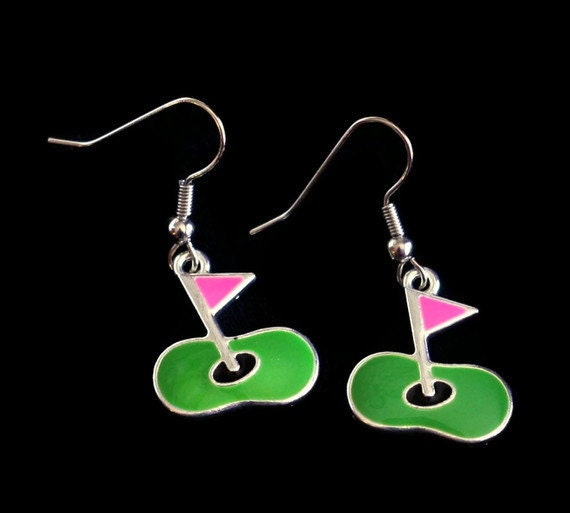 Hot Pink and Green Golf Hole with Flag Enamel Charm Earrings - Last Pair