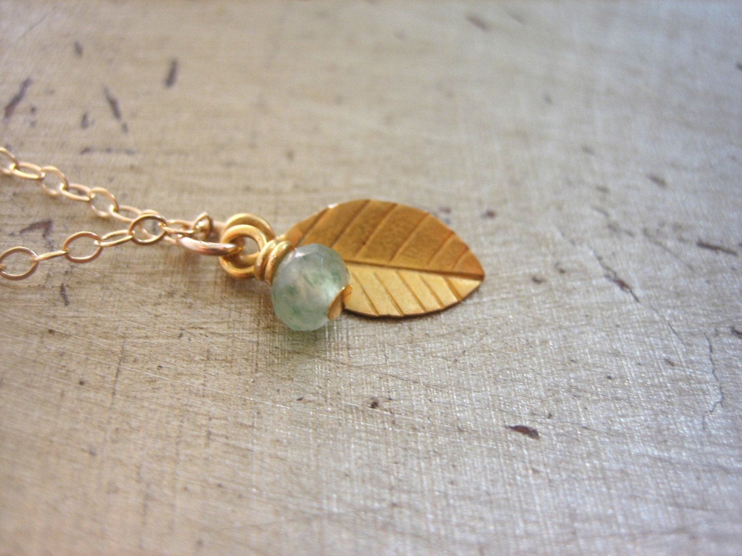 Tiny 24k Gold Fill Etched Leaf and Green Aventurine Gemstone Pendants on Fine Necklace - Hristak by Amore Valkyrie Fine Jewelry