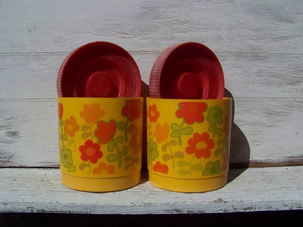 Vintage Aladdin brand, pair of kitchen canisters, retro hippie mod flower design, 1960s, red, yellow, orange, green - Treasury Featured