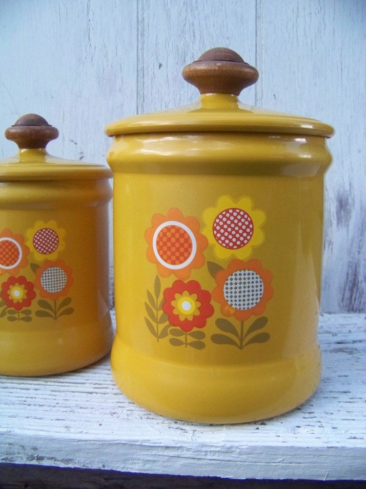 Retro 1970s harvest gold, flowered tin canister set made by Westbend, made in USA on Etsy