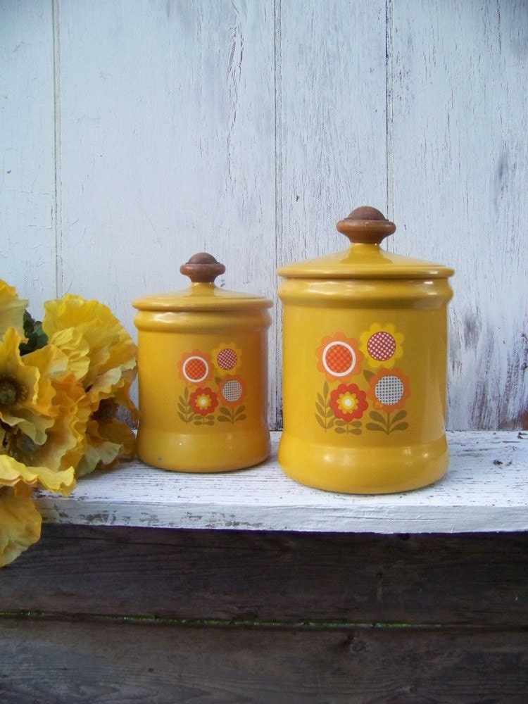 Retro 1970s harvest gold, flowered tin canister set made by Westbend, made in USA on Etsy