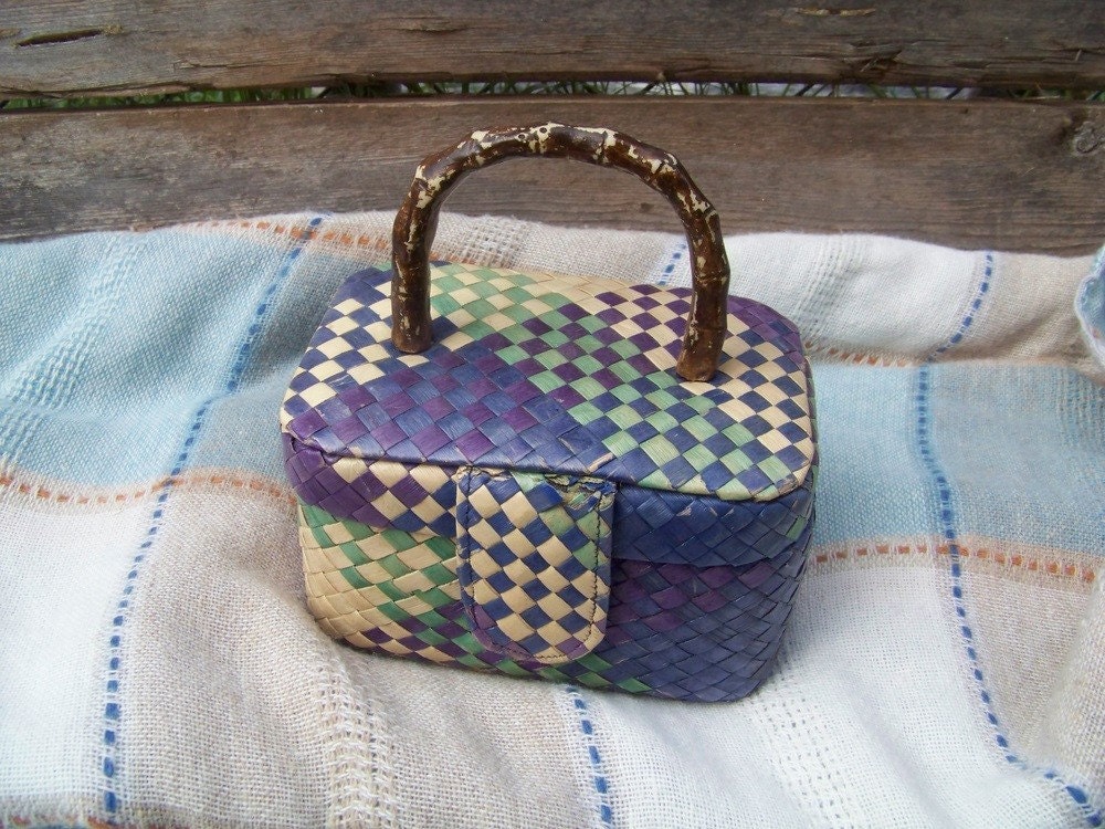 Vintage retro, woven makeup case, made in Philippines, plastic faux bamboo handle, mirrored, blue, purple, green, tan on Etsy - Treasury Featured