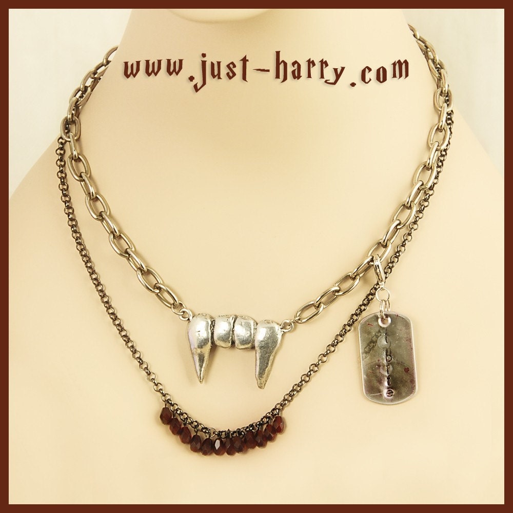 I Bite - Vampire Fangs Blood Red Crystal Drops and Hand Stamped Dog Tag Necklace