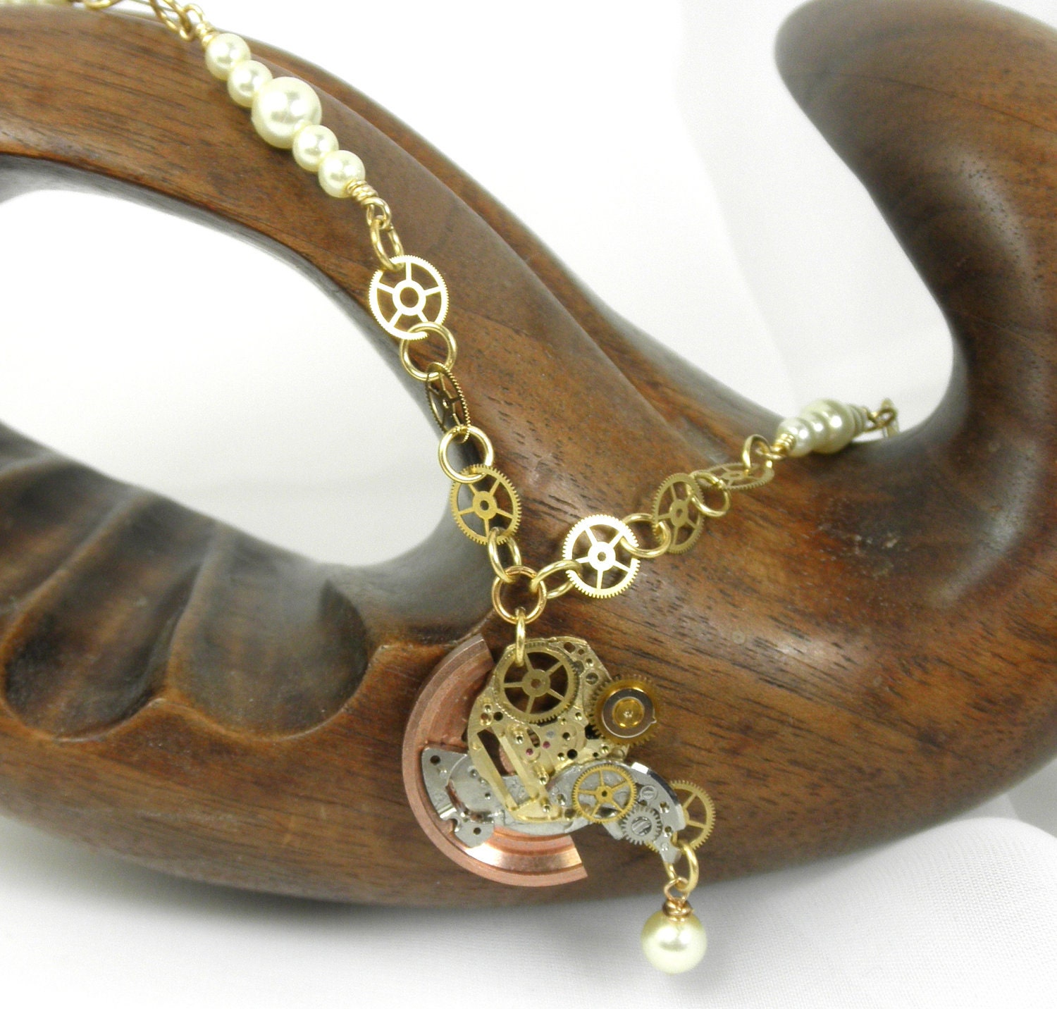Steampunk Necklace with Ivory Glass Pearl Clusters
