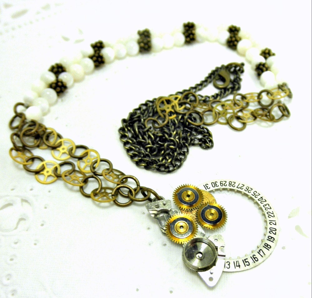 OOAK Steampunk Necklace with White Mother of Pearl Beads and Antiqued Brass Chain and Accents