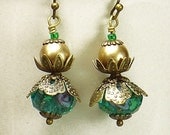 Aqua Blue Crystal and Brass Filigree Vintage Style Earrings