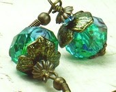 Mermaid's Garden Earrings with Aqua Floral Lampwork Glass & Hand Colored Brass