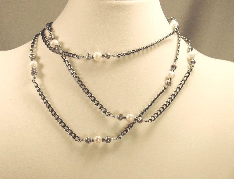 Long Silver and White Freshwater Pearls with Gunmetal Chain Necklace
