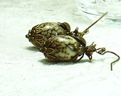 Vintage Style Betel Nut and Antiqued Brass Earrings, Black and White, Brass Bead Caps, Flower Earrings