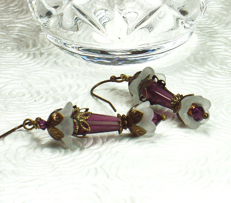 Purple Czech Glass and White Lucite Flower Earrings, Vintage Style, Antiqued Brass, Swarovski Crystals
