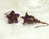 Eggplant Purple Lucite Flower Earrings, Vintage Style, Antiqued Brass, Swarovski Crystals