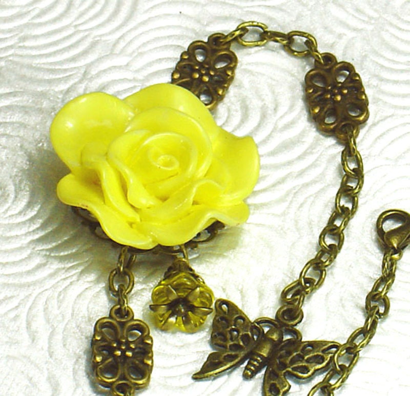 Yellow Rose Hand Dyed Resin Cabochon Bracelet, Vintage Style, Czech Flower Dangle, Brass Filigree, Butterfly Charm