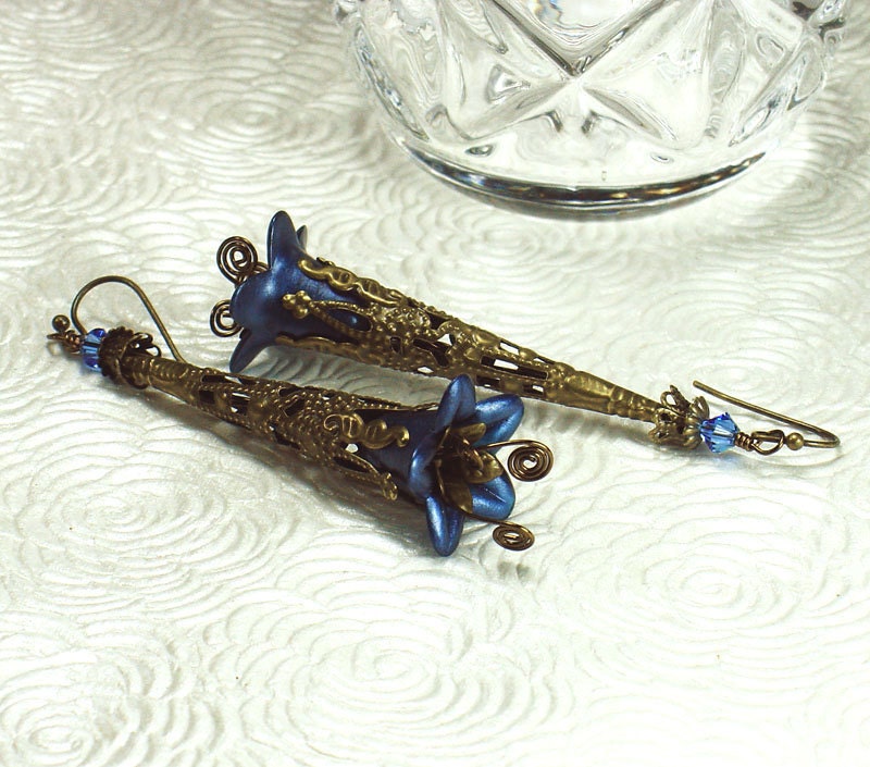 Long Antiqued Brass Filigree and Blue Lucite Flower Earrings, Vintage Style, Swarovski Crystals, Hand Dyed