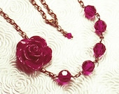 Fuchsia Rose with Swarovski Crystals Asymetrical Necklace, Antiqued Brass Chain