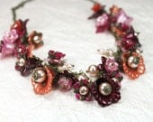 Vintage Style Lucite Flower Statement Necklace Burgundy, Pink, Orange, Fuchsia Hand Dyed, Glass Pearls, Antiqued Brass