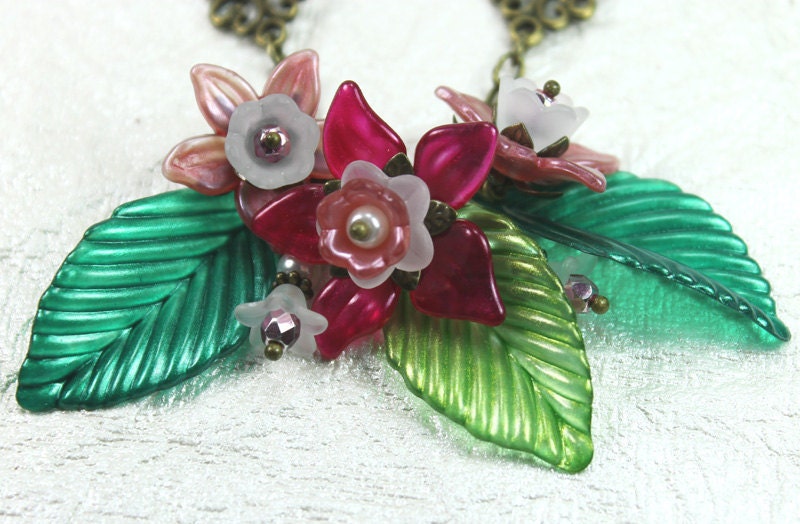 Tropical Flower Statement Necklace, Vintage Style, Hand Dyed Lucite, Antiqued Brass, Green, Pink ,White