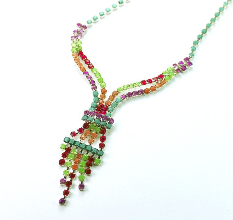 Hand Painted Neon Rhinestone Necklace Turquoise, Orange, Magenta, Violet, Lime Green