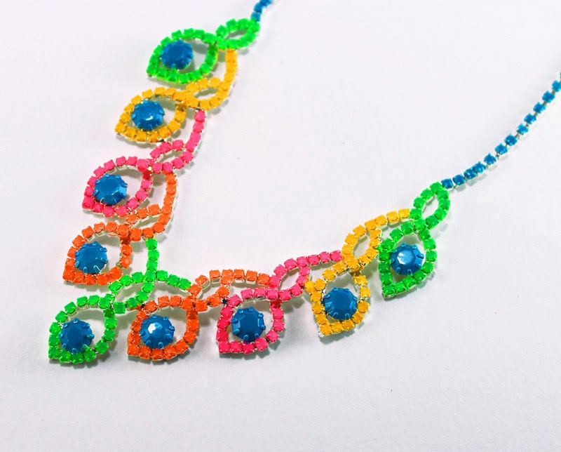 Neon Painted Rhinestone Necklace Turquoise Green Yellow Pink Orange