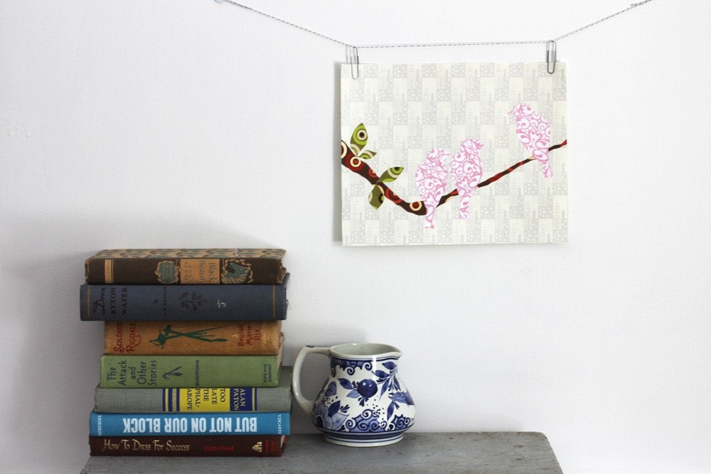 Bird on Branch Art, Bird Art, Woodland Wall Art, Pink Birds on a Branch in Spring Original Collage