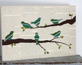 Bird on Branch Woodland Collage, Woodland Wall Art, Bird Art, Striped Birds over Vintage Book Pages, 12x18, Art with Text
