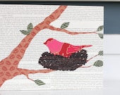 Nesting Bird on a Branch Original Collage, Nesting Bird Nursery Art, Bird on Branch Art, 8x10, Bird's Nest on Spring Branches