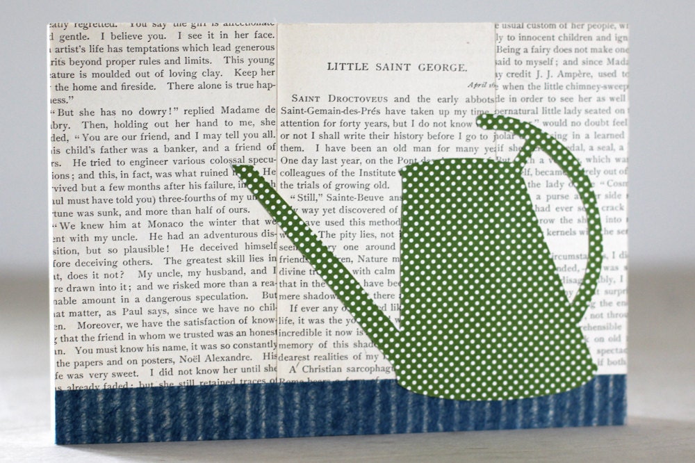 Mod Watering Can Collage, Garden Art, Garden Art on Vintage Book Pages, 5x7 Original Collage on a Freestanding or Ready to Hang Birch Panel