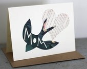 Mother's Day Card With Green Bird, Handcut Papercut Card, 4x6 Folded Mothers Day Crad With Hand-cut Bird and the Word "Mom"