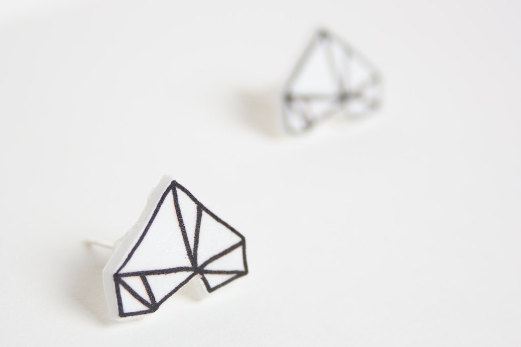 Black & White Geometric Earrings-Hand Drawn, Unique