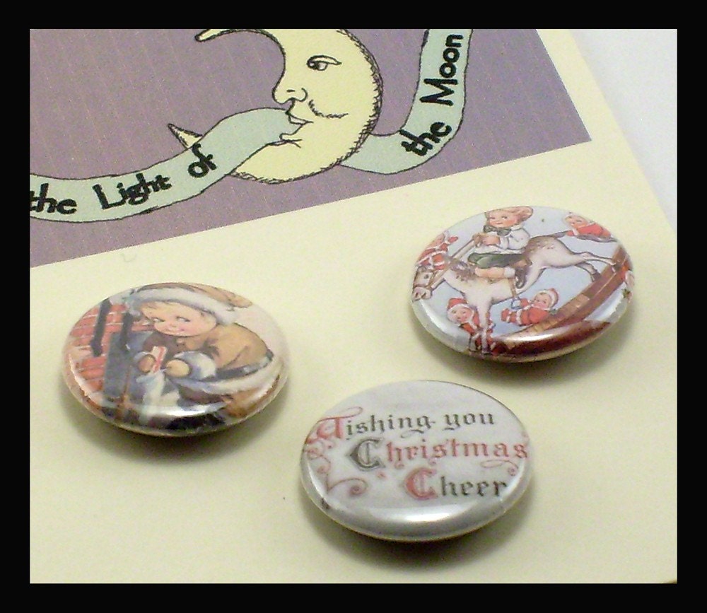 Christmas Cherubs 1 inch Button set trio, Vintage postcard illustration