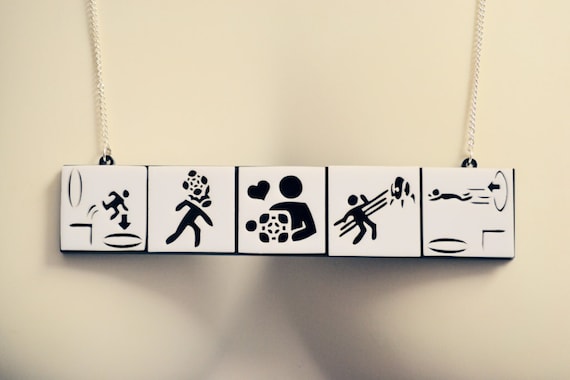 Five Portal Test Chamber Warning Icons Necklace - Super Unique Portal Fan Necklace - Laser Cut Stacked Acrylic Pendant