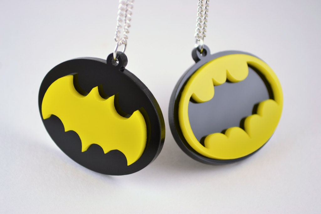 Pair of Retro Batman Symbol Pendant Friendship Necklaces - Laser Cut Acrylic - 4 Dollar Discount