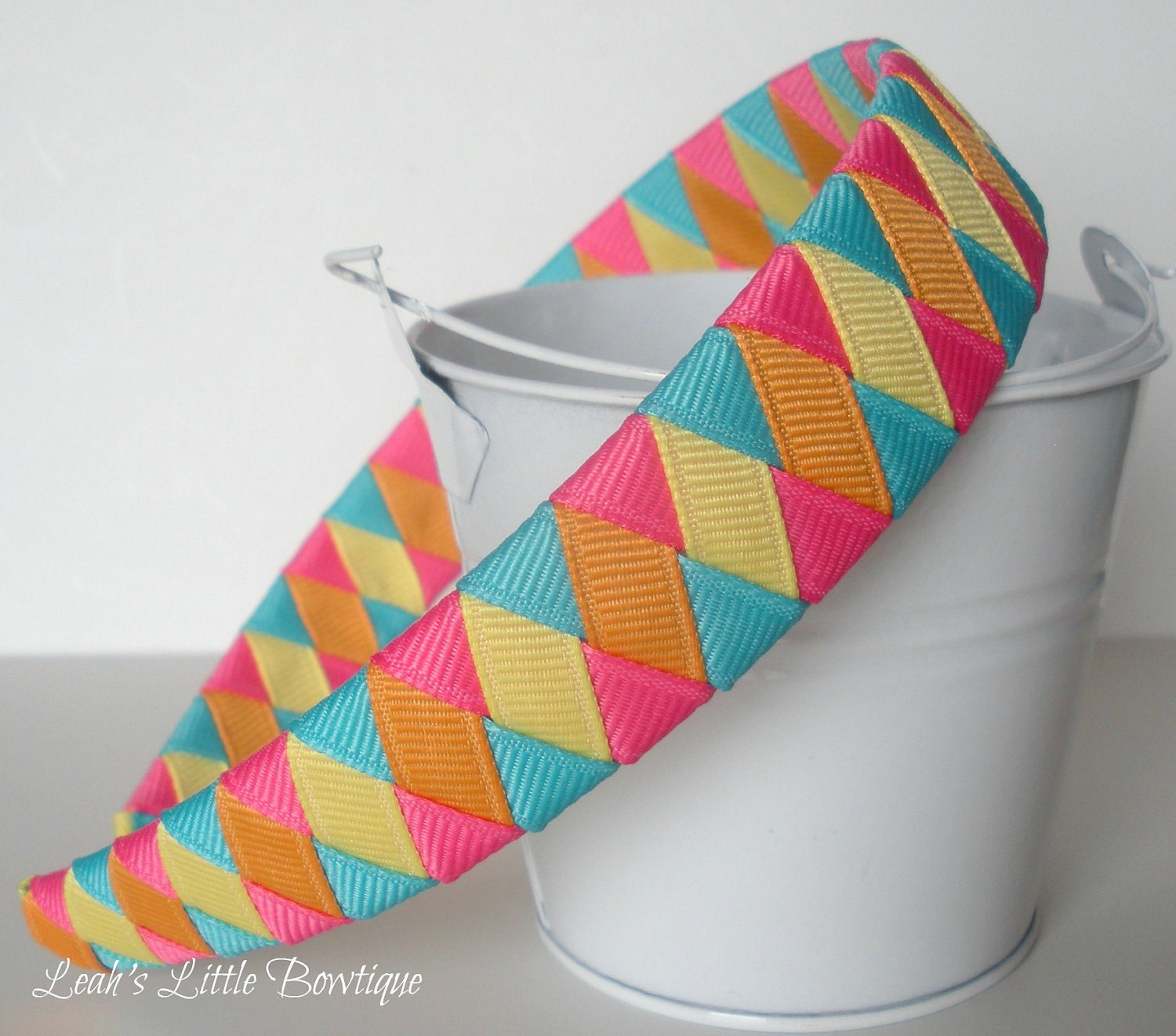Ribbon Woven Ribbon: one inch wide headband made from orange turquoise pink yellow