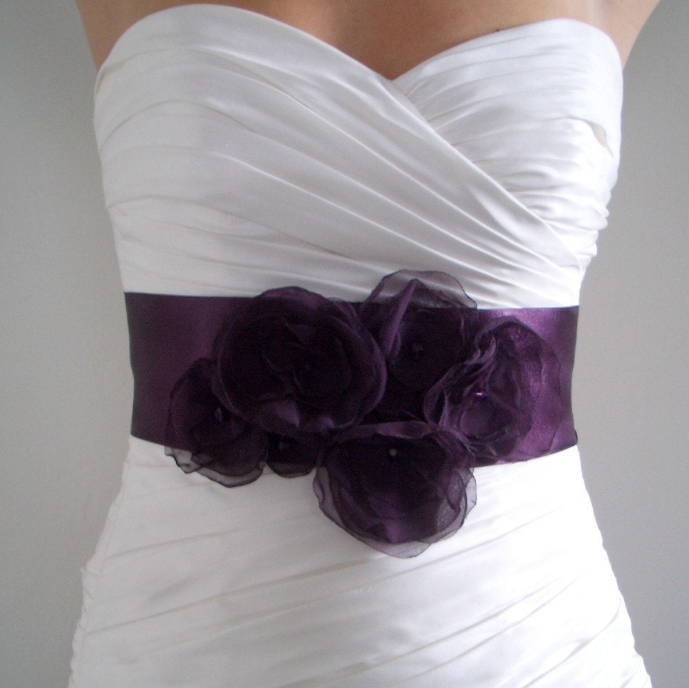 Bridal Sash Belt AUBERGINE - Dark Eggplant Purple Satin Bridal Belt - Made to Order