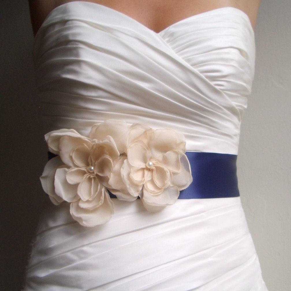 JOSIE DUO - Two Vintage Ivory Flowers on Dark Navy Blue Bridal or Bridesmaids Sash