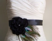 Wedding Sash Bridal  Belt - Black with Peacock Feathers - Josie Peacock