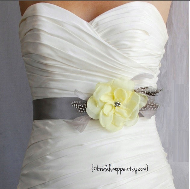 Wedding Sash Belt and Hairpiece  PETITE JOSIE - Yellow on Grey Feather Bridal Belt with Polkadot