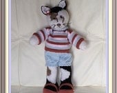 Knitted cat, knitted doll, tortoishell cat, blue, red, black, white, brown