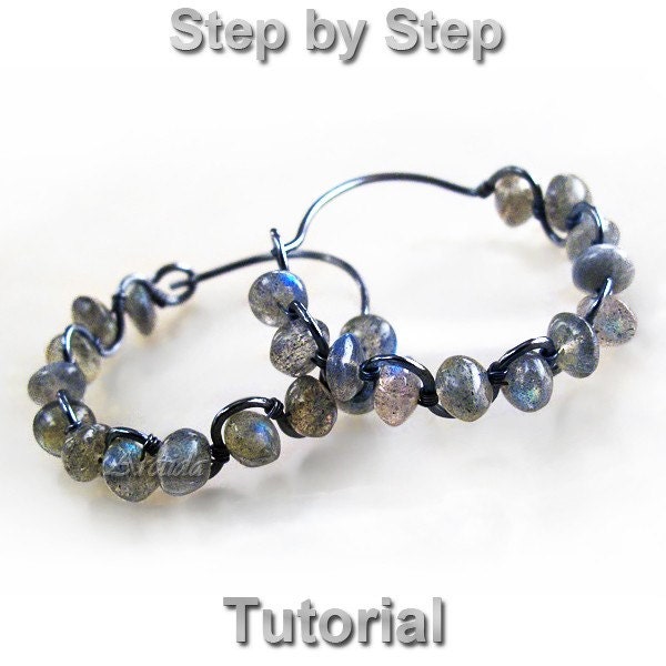 Wire wrapped jewelry tutorial Ruffled Gemstone Hoops earrings - Step by step beaded instruction - wirework lesson DIY digital download PDF