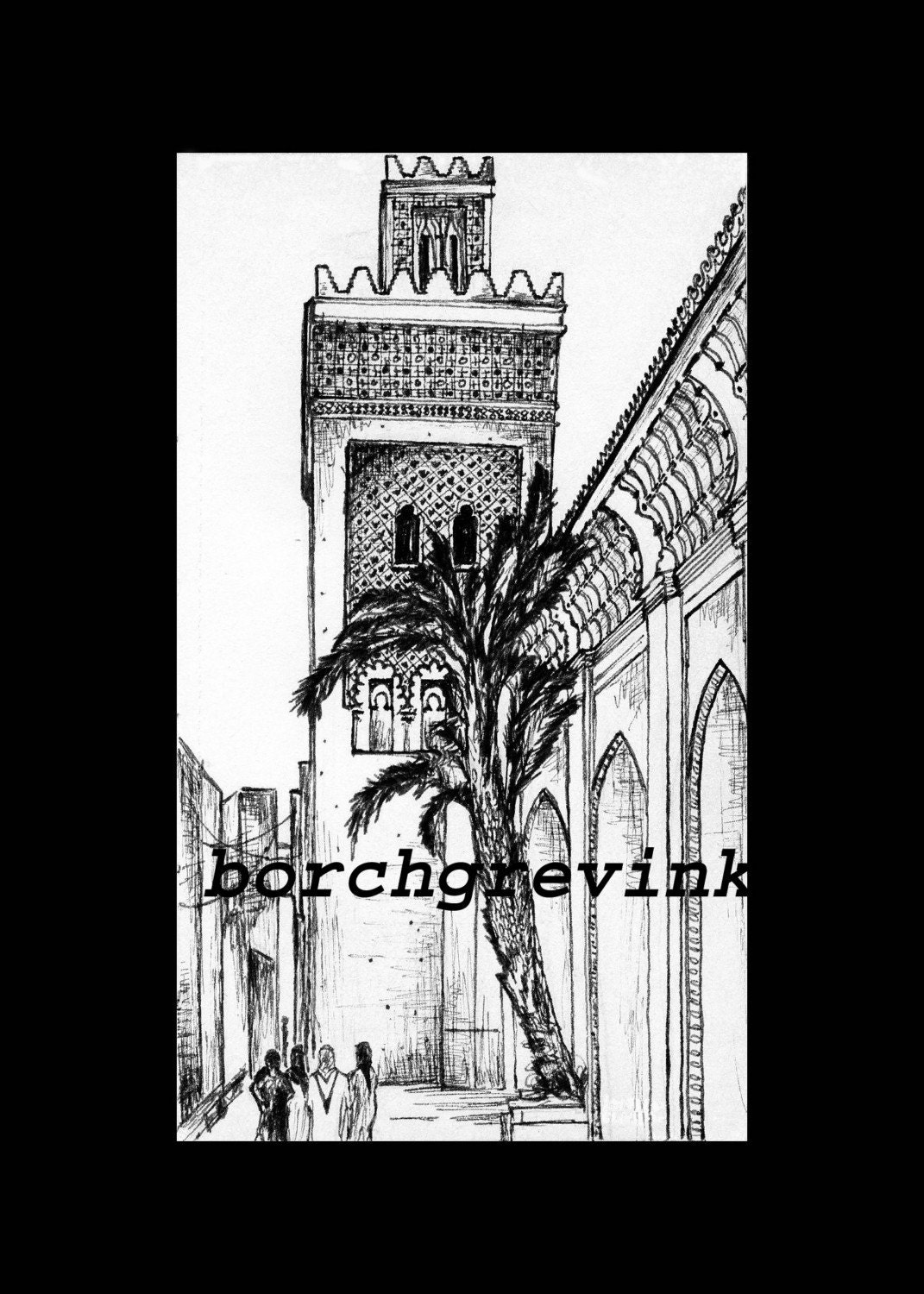 Marrakech, Morocco - pen & ink sketch, 8" x 10" including mat