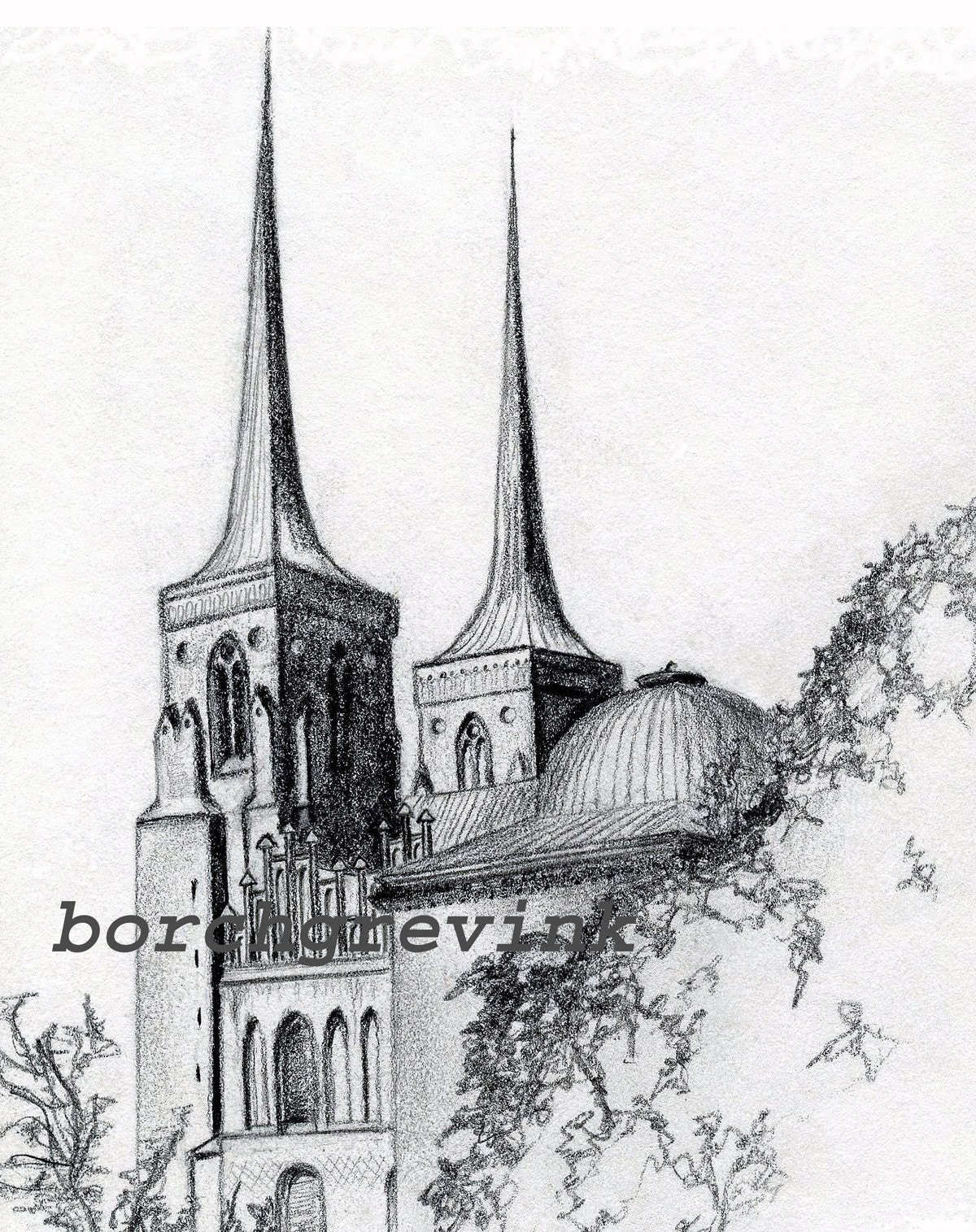 Roskilde Cathedral (Domkirke), Roskilde, Island of Zealand, Denmark - pencil sketch, 11" x 14" matted